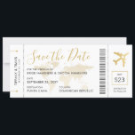 Destination Wedding Boarding Pass Save the Date<br><div class="desc">Boarding Pass Plane Ticket Save the Date Invitation Card for a Destination Wedding featuring a romantic aeroplane icon and faded gold world map background with modern elegant script fonts and back side with travel and accommodations information for guests to start planning their trip to celebrate your marriage in the middle...</div>