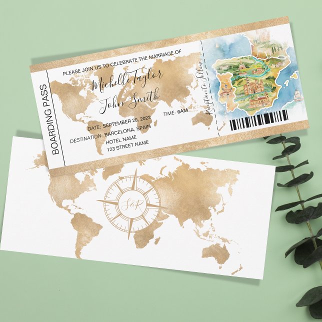 Destination Wedding Boarding Pass Spain Invitation (illustrated watercolor map of spain)