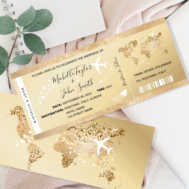 Destination Wedding Boarding Pass Ticket Gold Plan Invitation (Creator Uploaded)