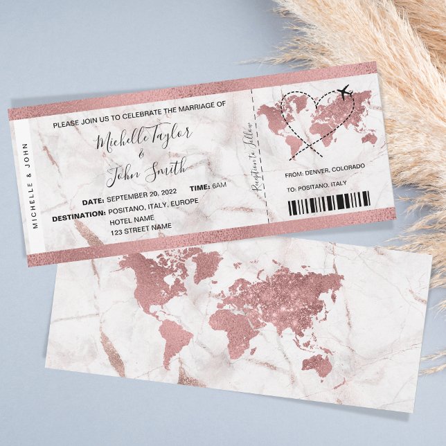 Destination Wedding Boarding Pass Ticket Rose Gold Invitation (rose gold world map boarding pass)