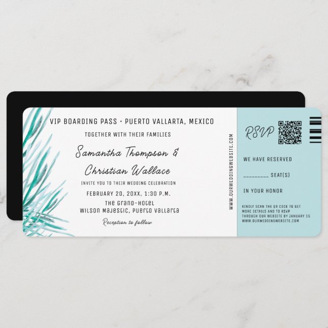 Destination Wedding Boarding Pass Tropical palm Invitation (Front/Back)