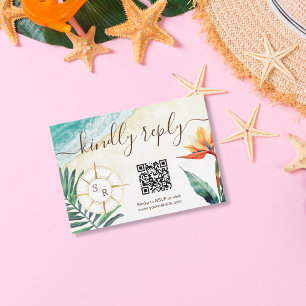 Destination Wedding Compass Monogram QR Code RSVP Card