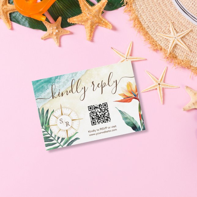 Destination Wedding Compass Monogram QR Code RSVP Card (Creator Uploaded)