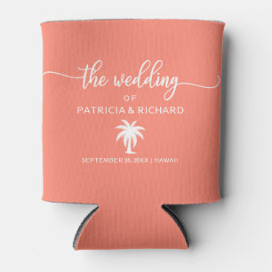 Destination Wedding Coral and White Palm Tree Can Cooler