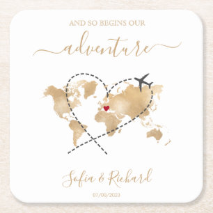 Destination Wedding Gold World Map Welcome Sign Square Paper Coaster