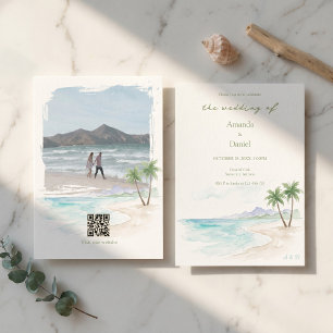 Destination Wedding Hawaii Watercolor Beach Photo Invitation