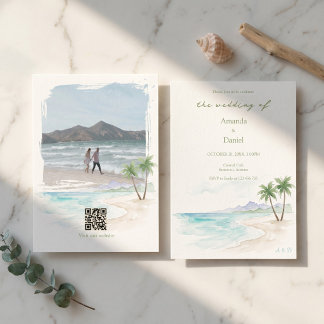 Destination Wedding Hawaii Watercolor Beach Photo  Invitation