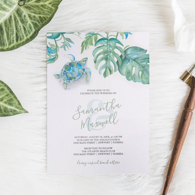 Destination Wedding Invitations Watercolor Beach (Tropical wedding invitations watercolor sea turtle and palm leaf art by Victoria Grigaliunas )