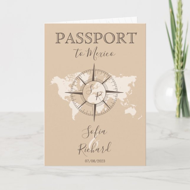 Destination Wedding Passport Compas Beige Boho Invitation (Front)