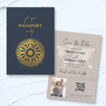 Destination Wedding Passport Compass Wedding  Save The Date<br><div class="desc">A navy blue destination wedding passport design with gold compass and travel elements. This design is ideal for all Spring, Summer, Fall and Winter destination weddings. An elegant navy blue and gold wedding travel design with passport layout, world map and custom couple photo. A modern destination wedding save the date...</div>