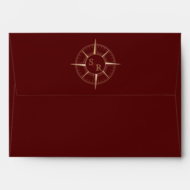 Destination Wedding Passport Gold Burgundy Compass Envelope (Back (Top Flap))