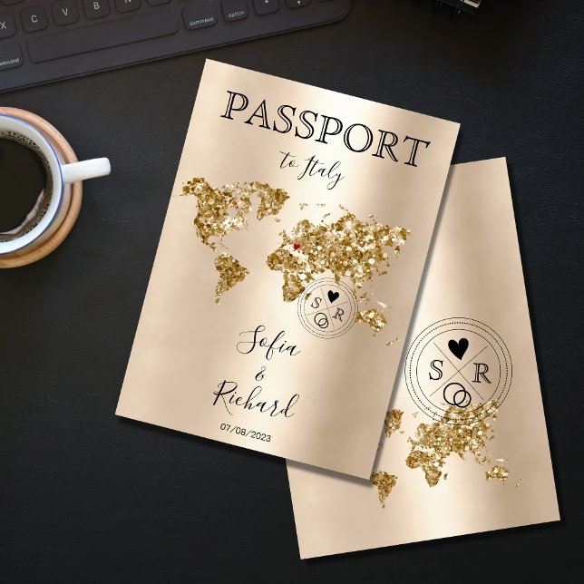 Destination Wedding Passport Gold World Map Blue I Invitation (Creator Uploaded)