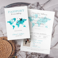 Destination Wedding Passport Mint & Blue World Map