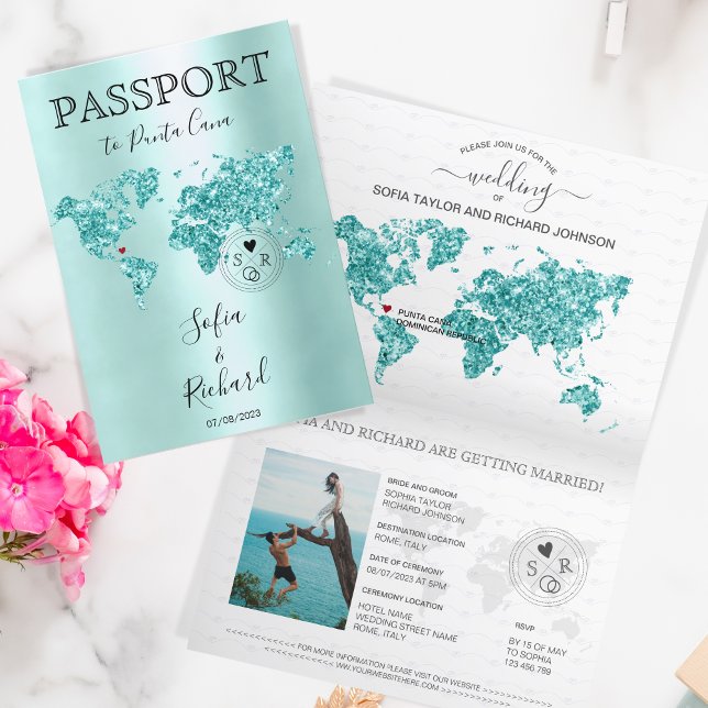 Destination Wedding Passport World Map Aqua Blue  Invitation (Creator Uploaded)