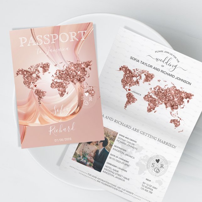 Destination Wedding Passport World Map Rose Gold  Invitation (blush pink glitter passport wedding)