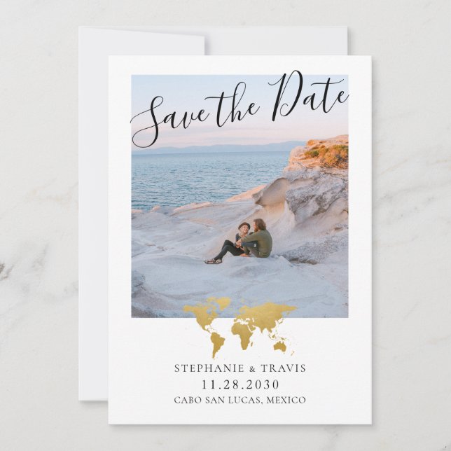 Destination Wedding Picture Gold World Map Save The Date (Front)