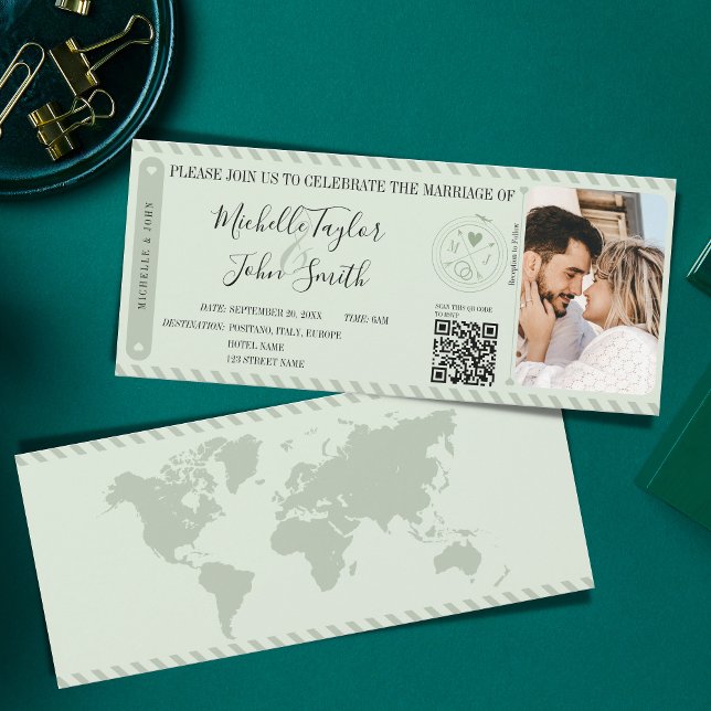 Destination Wedding Sage Boarding Pass QR Code Invitation (modern sage green boarding pass invitation)