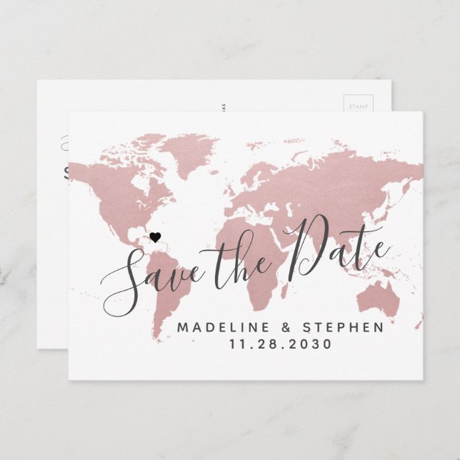 Destination Wedding Save Date Blush Pink Map Announcement Postcard (Front/Back)