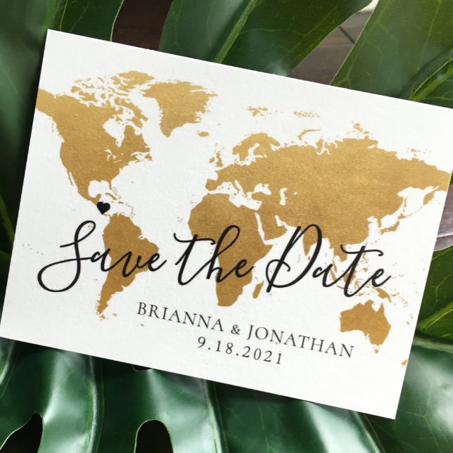 Destination Wedding Save the Date Gold Map Announcement Postcard (Creator Uploaded)