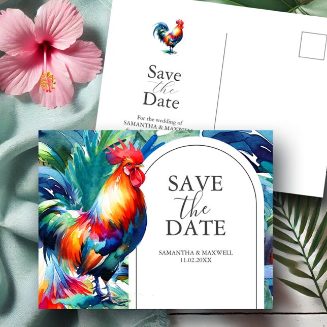 Destination Wedding Save The Date Postcards (Tropical destination wedding save the date postcards key west watercolor rooster Do Tell A Belle)