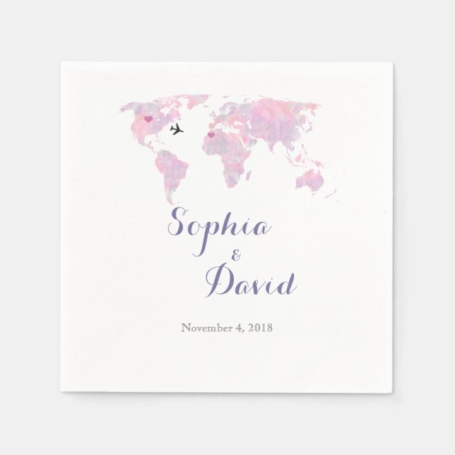 Destination Wedding Travel Watercolor World Map Napkin (Front)