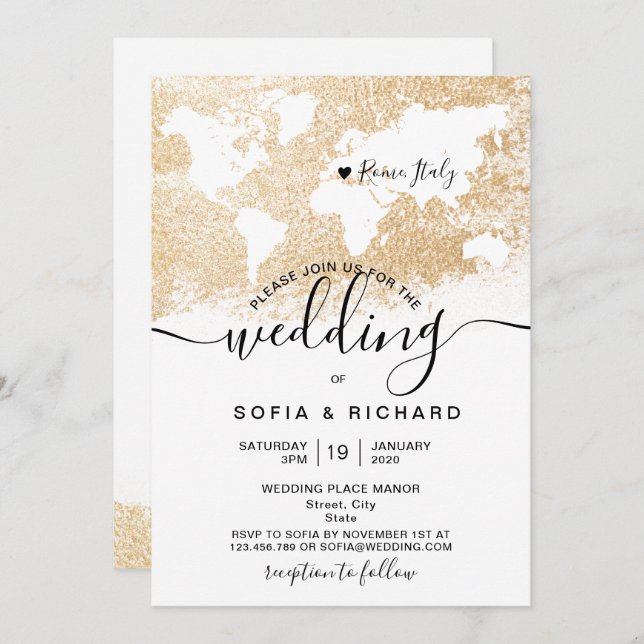 Destination Wedding World Map Gold Invitation (Front/Back)