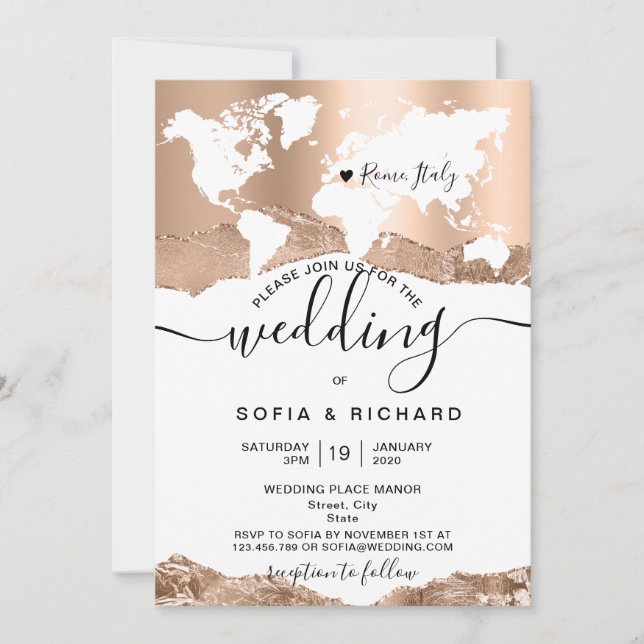 Destination Wedding World Map Rose Gold Invitation (Front)