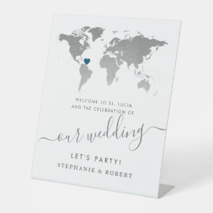 Destination Wedding World Map Silver Welcome Pedestal Sign