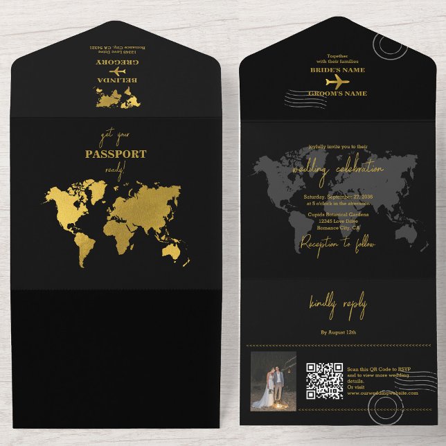 Destination Wedding World Passport Black Gold All In One Invitation (Destination Wedding World Passport Black Gold All In One Invitation)