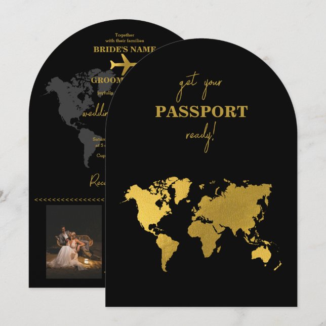 Destination Wedding World Passport Black Gold Invitation (Front/Back)