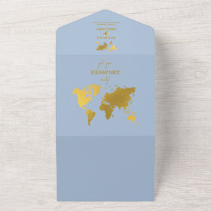 Destination Wedding World Passport Dusty Blue Gold All In One Invitation