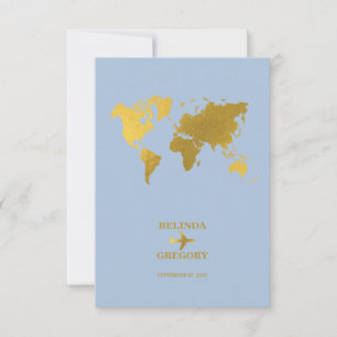 Destination Wedding World Passport Dusty Blue Gold RSVP Card