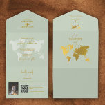Destination Wedding World Passport Sage Green Gold All In One Invitation<br><div class="desc">A sage green and gold destination wedding passport design with gold world map, aeroplane and travel elements. This design is ideal for all Spring, Summer, Fall and Winter destination weddings. An elegant sage green and gold wedding travel design with passport layout, world map and custom couple photo. A modern destination...</div>