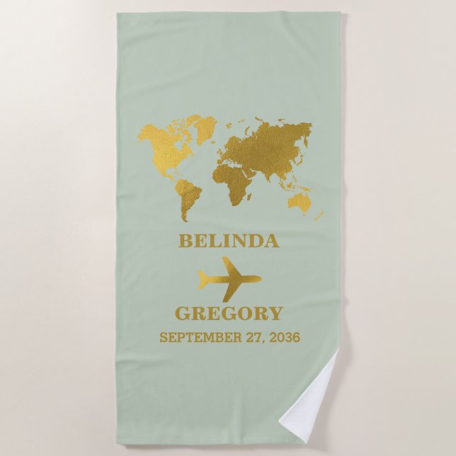 Destination Wedding World Passport Sage Green Gold Beach Towel (Front)