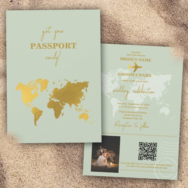 Destination Wedding World Passport Sage Green Gold Invitation (Destination Wedding World Passport Sage Green Gold Invitation)