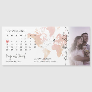 Destination World Map Calendar Heart Photo Wedding Magnetic Invitation