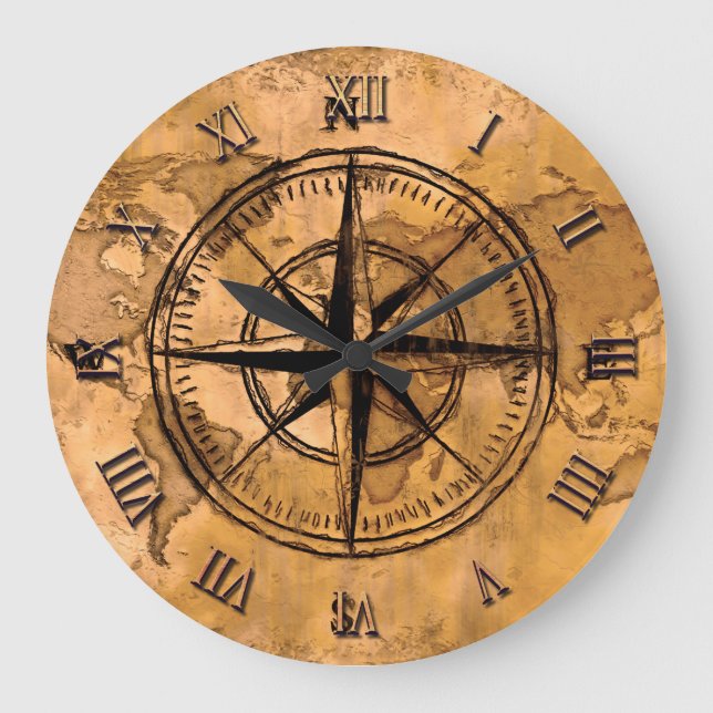 Destinations - Compass Rose and World Map Large Clock (Front)