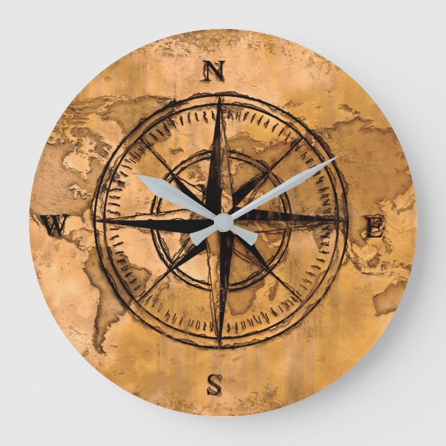 Destinations - Compass Rose and World Map Large Clock (Front)