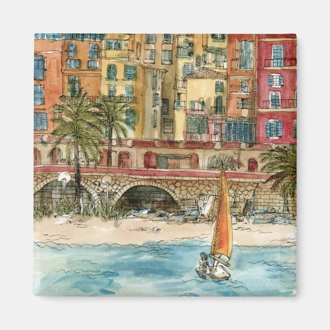 Destinations | Watercolor Beach & Buildings Magnet (Front)