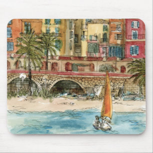 Destinations   Watercolor Beach & Buildings Mouse Pad