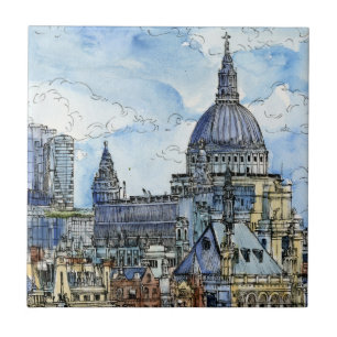 Destinations Watercolor River Thames Waterfront Ceramic Tile