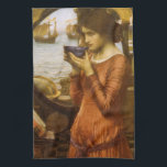 Destiny by John William Waterhouse Tea Towel<br><div class="desc">Destiny (1900) by JW Waterhouse is a vintage Victorian Pre-Raphaelite fine art portrait painting. A beautiful young woman is standing in front of a mirror drinking hot tea from a bowl. Boats can be seen in the harbour in the reflection in the mirror. About the artist: John William Waterhouse (1849-1917)...</div>