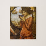 Destiny by JW Waterhouse, Vintage Victorian Art Jigsaw Puzzle<br><div class="desc">Destiny (1900) by JW Waterhouse is a vintage Victorian Pre-Raphaelite fine art portrait painting. A beautiful young woman is standing in front of a mirror drinking hot tea from a bowl. Boats can be seen in the harbour in the reflection in the mirror. About the artist: John William Waterhouse (1849-1917)...</div>