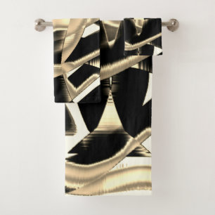 Destroyed beige and black scrap or ribbon on clear bath towel set
