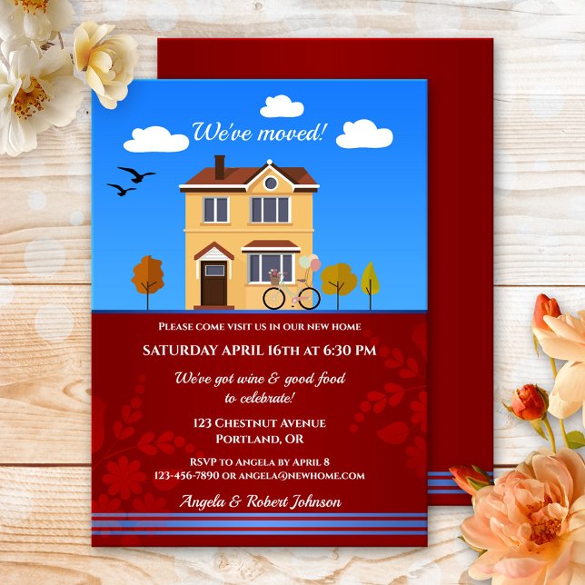 Detached House Cartoon Housewarming Invitation (Housewarming party invitation featuring a cartoon design of a detached house and bike with balloons)