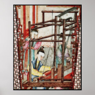 Detail from a vase depicting silk weaving poster