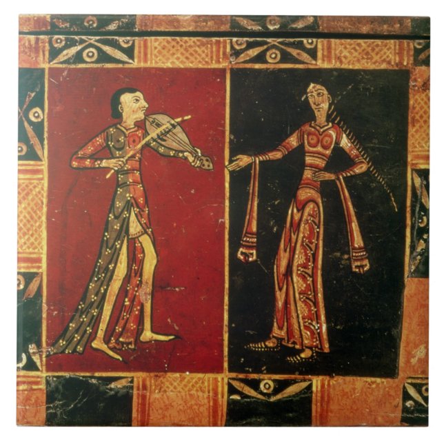Detail from a wedding chest depicting a musician a ceramic tile (Front)