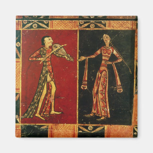 Detail from a wedding chest depicting a musician a magnet