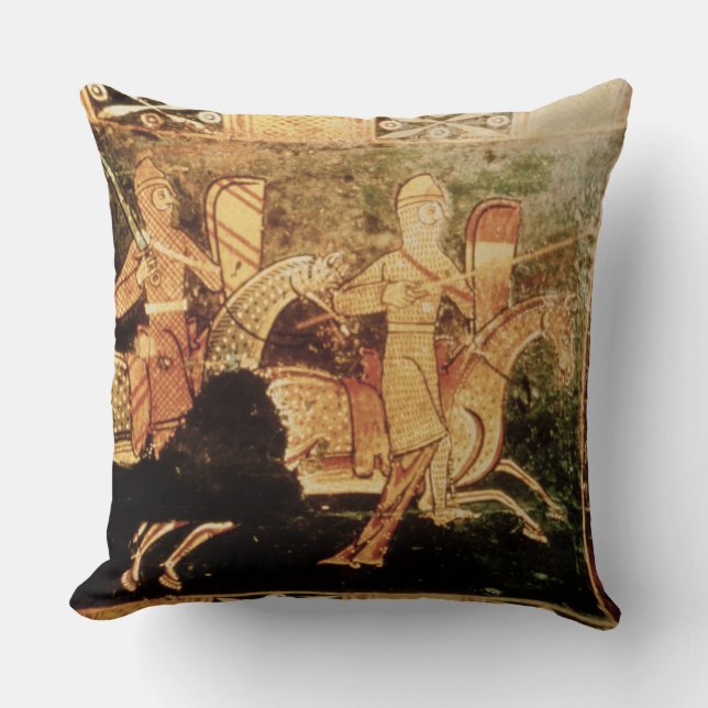 Detail from a wedding chest depicting soldiers goi cushion (Front)