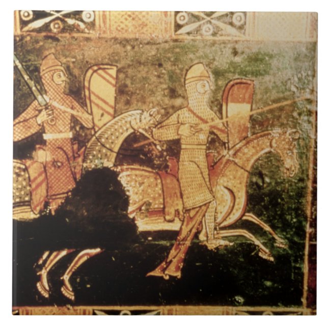 Detail from a wedding chest depicting soldiers goi tile (Front)